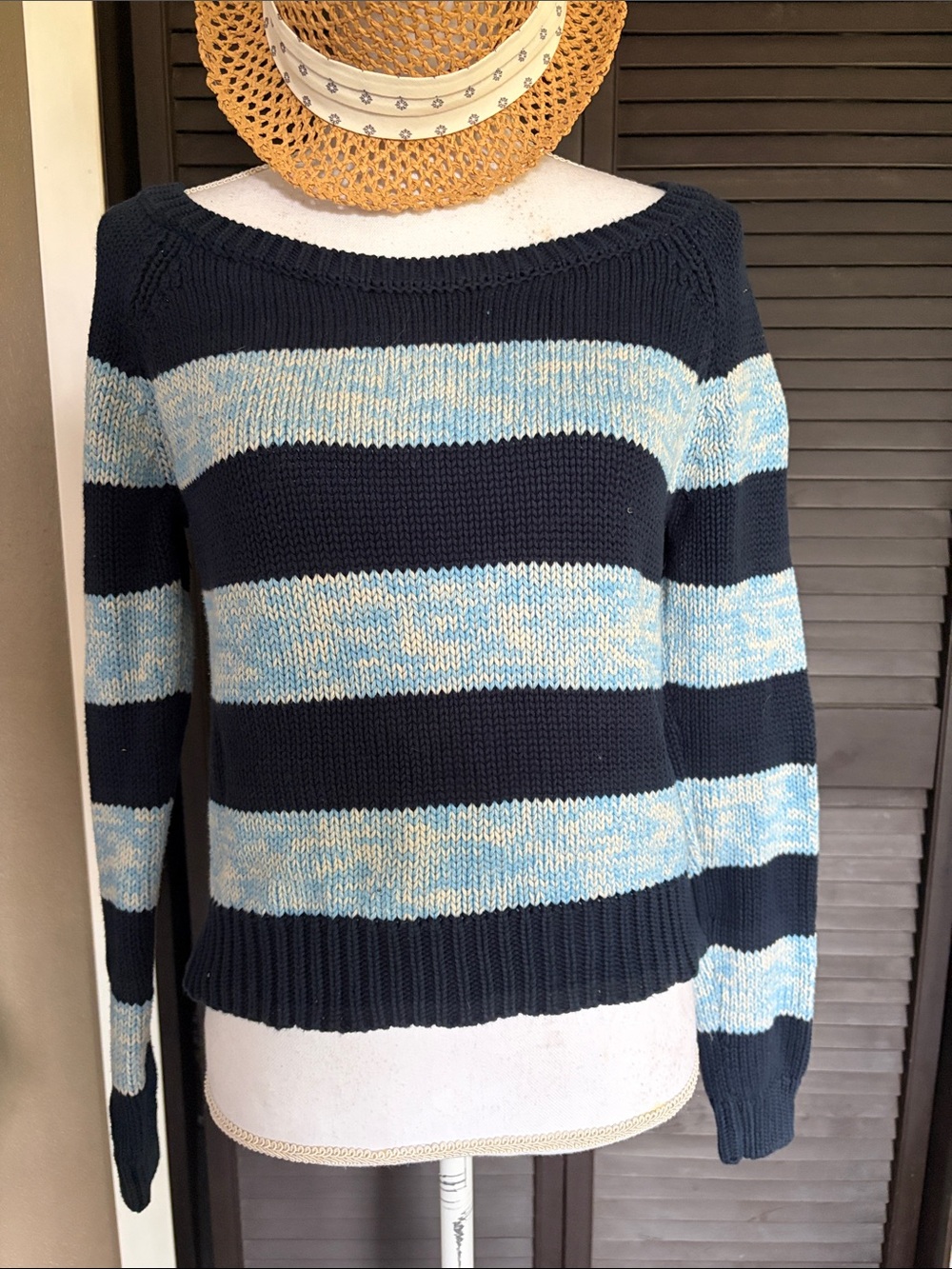 American Eagle Outfitters Navy and Light Blue Striped Off-the-Shoulder Sweater